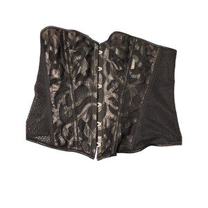 Black Lace Mesh Corset Bustier With Hook Front & Lace-Up Back Sheer Panels XL